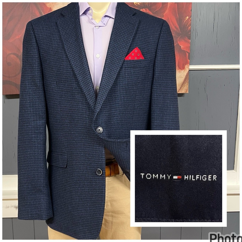 Tommy Hilfiger Tweed Blazer Jacket Sport Coat Men 44L Long Wool Blend Navy/Black
